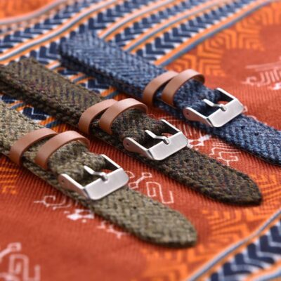 Premium tweed woven wool watch straps in blue, brown, and khaki with leather keepers and stainless steel buckle.