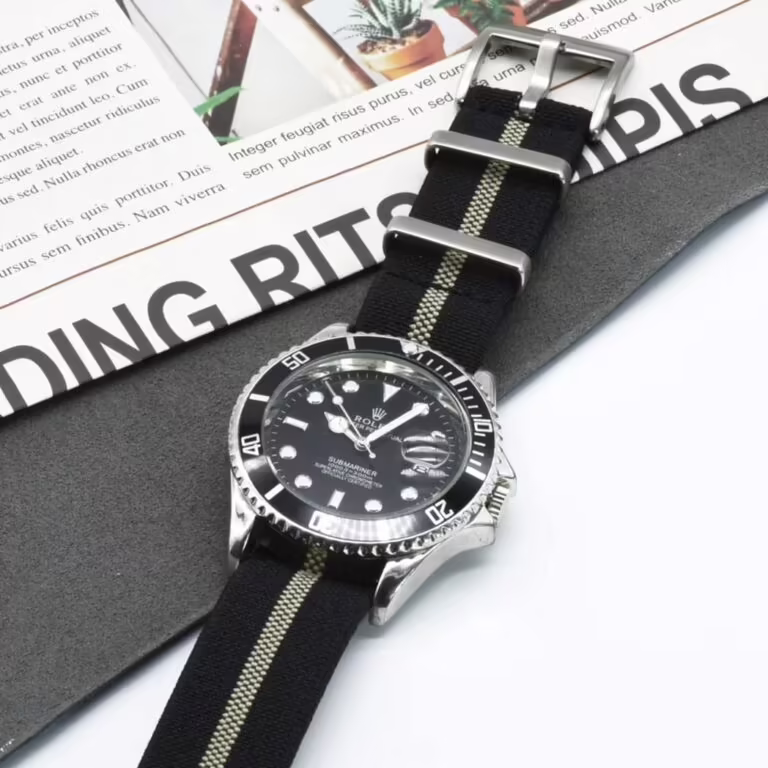 Elastic Nylon NATO Strap on a Rolex Submariner, showcasing the strap's stylish fit and rugged design.