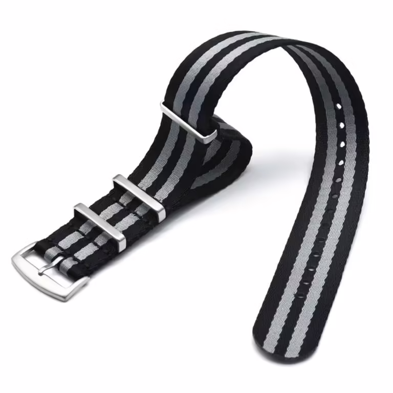 A close-up of the James Bond black and grey nylon NATO strap with 316L stainless steel buckle and premium nylon fabric.