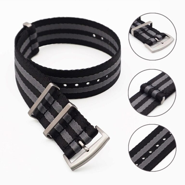 Detailed view of the James Bond-inspired NATO strap, showcasing its breathable nylon fabric and multiple adjustment holes.
