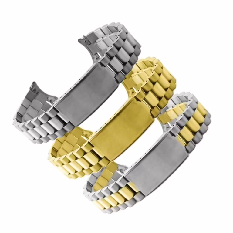 Vintage inspired President style watch bracelets in silver, two tone and gold on a white background.