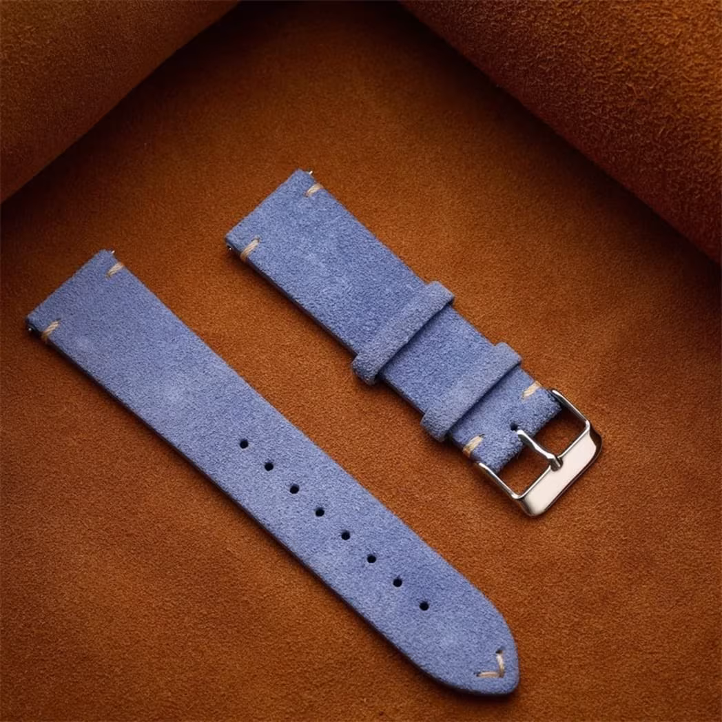 Vintage Calfskin Suede Watch Strap - (14, 16, 18, 19, 20, 21, 22mm) 18 Light blue periwinkle suede two-piece watch strap laid flat, showcasing the soft texture and stainless steel buckle.