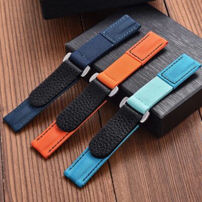 Moonwatch style watch strap featuring elastic nylon, velcro closure, and 316L stainless steel buckle for a comfortable and stylish fit.