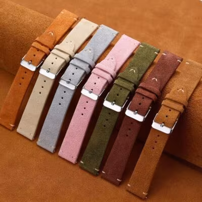 Eight vintage-style suede watch straps lined up perfectly side-by-side. Colors include cognac, cream, light grey, pink, olive green, dark brown, and tan.